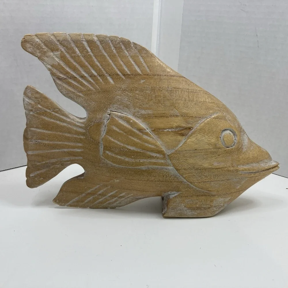 Vtg Wooden Fish Hand‎ Carved Tropical Angel Fish Decor Figurine Brown